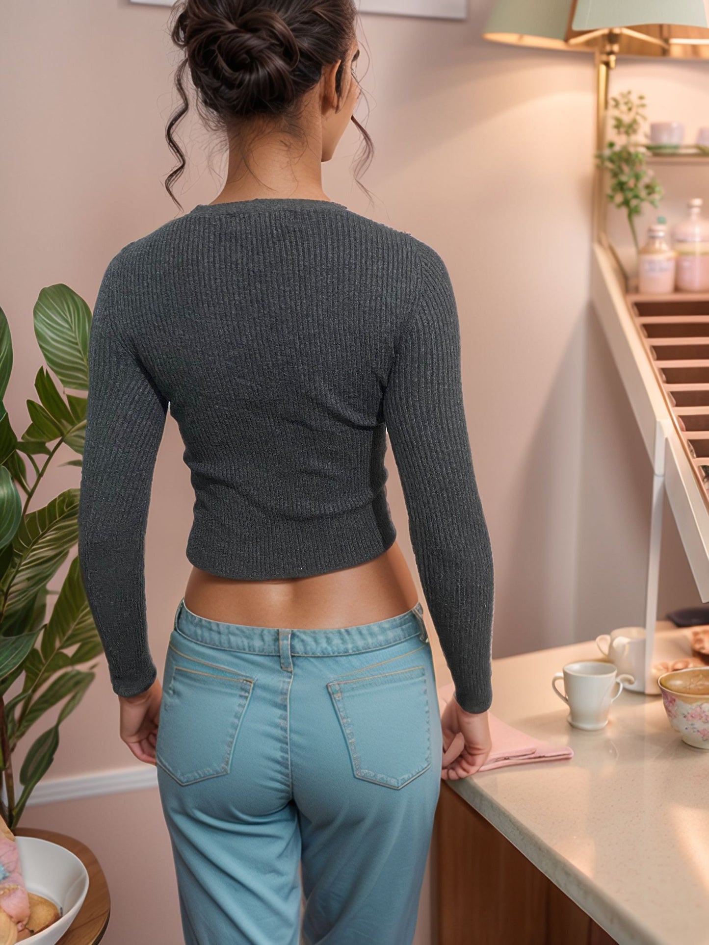 Koyu Gri Düğmeli Uzun Kollu Crop Top (Kiralık)