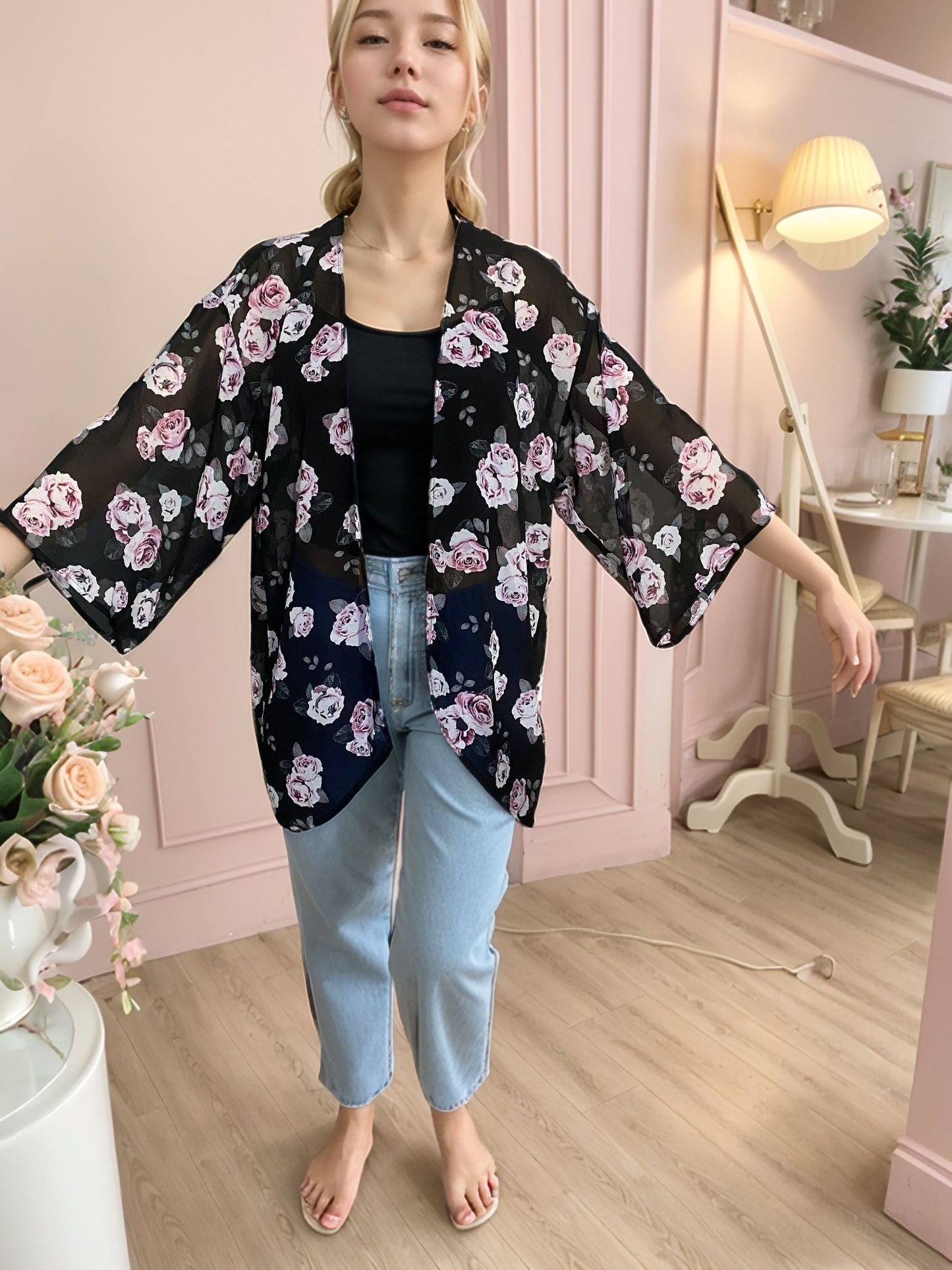 Çiçek Desenli Şifon Kimono (Kiralık)