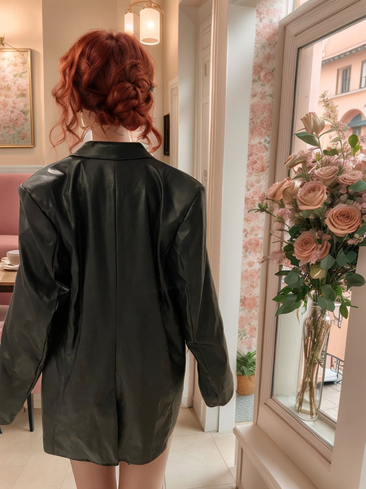 Siyah Deri Görünümlü Oversize Blazer Ceket – Kiralık